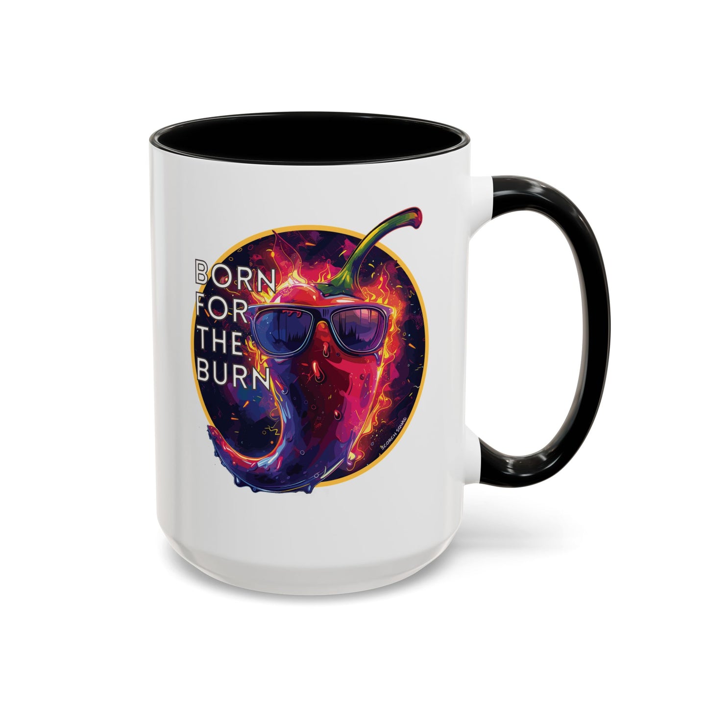 born for the burn flaming hot pepper in glasses black accent mug
