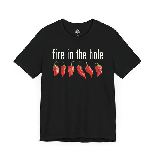 fire in the hole hot peppers black t-shirt
