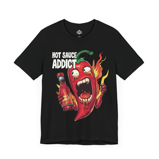 hot sauce addict flaming pepper black t-shirt