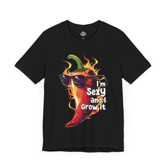 i'm sexy and i grow it flaming pepper in sunglasses black t-shirt